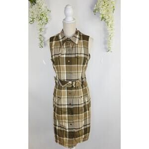 Talbots Petites Shirt Dress 10 Plaid Brown Belted Snap Preppy Old Money Academia